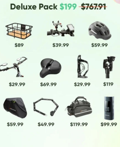11 Accessory Deluxe Pack Bundle with any E-Bike Purchase ( $767.91 Value ) - Limit 1 Gift Pack per E-Bike Purchase